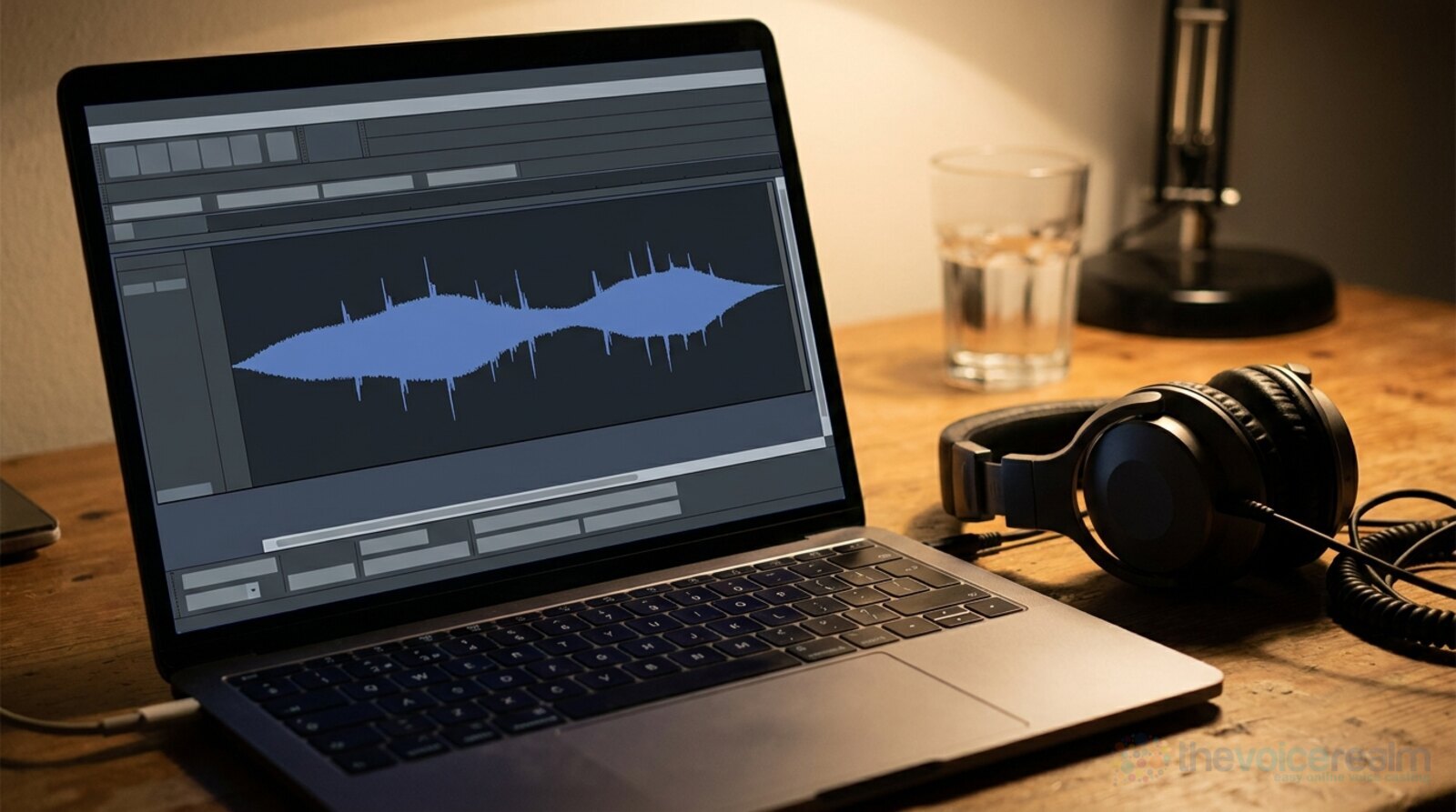 A laptop on a wooden desk showing a speech waveform in an audio editor with small sharp spikes between the words, headphones and a glass of water beside it under a desk lamp © The Voice Realm