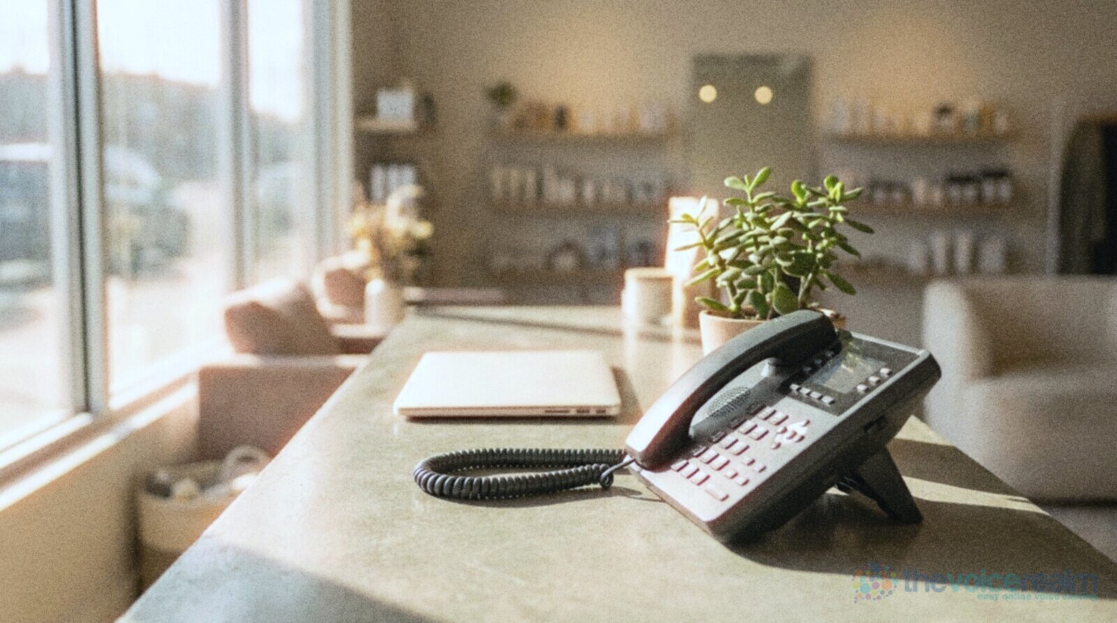 A desk telephone, a closed laptop and a small plant on the front counter of a small business © The Voice Realm