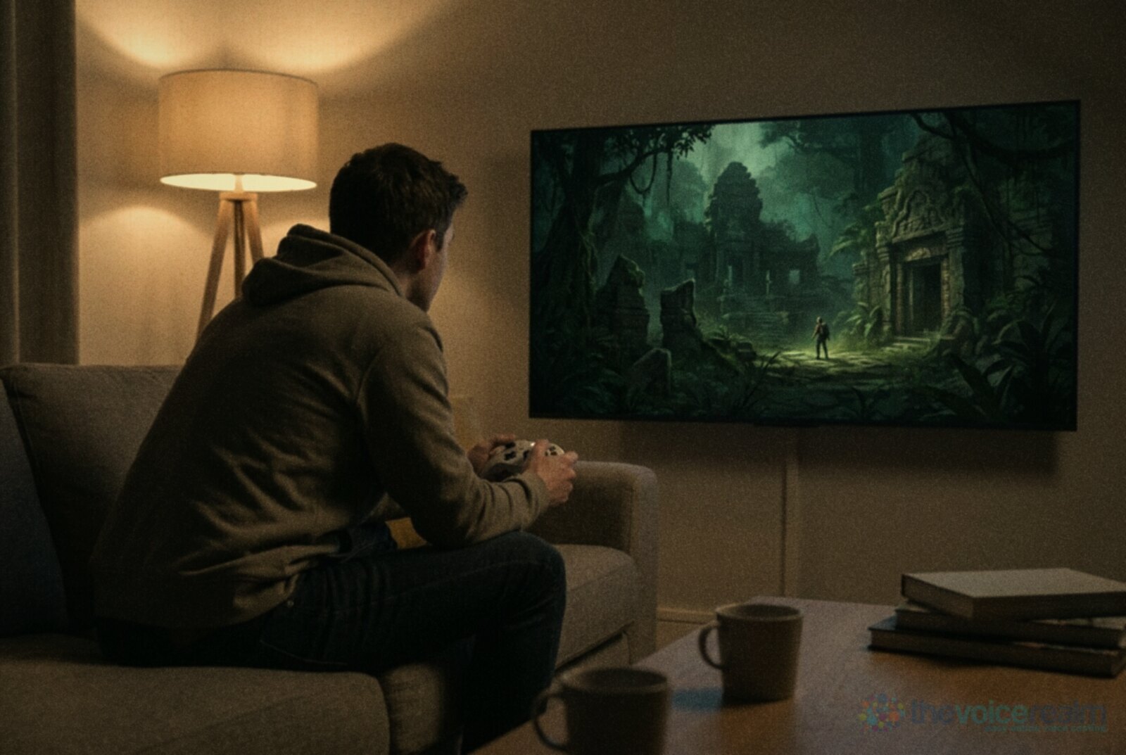 A young man seen from behind on a sofa with a game controller, playing an adventure game set in jungle ruins on a large television © The Voice Realm