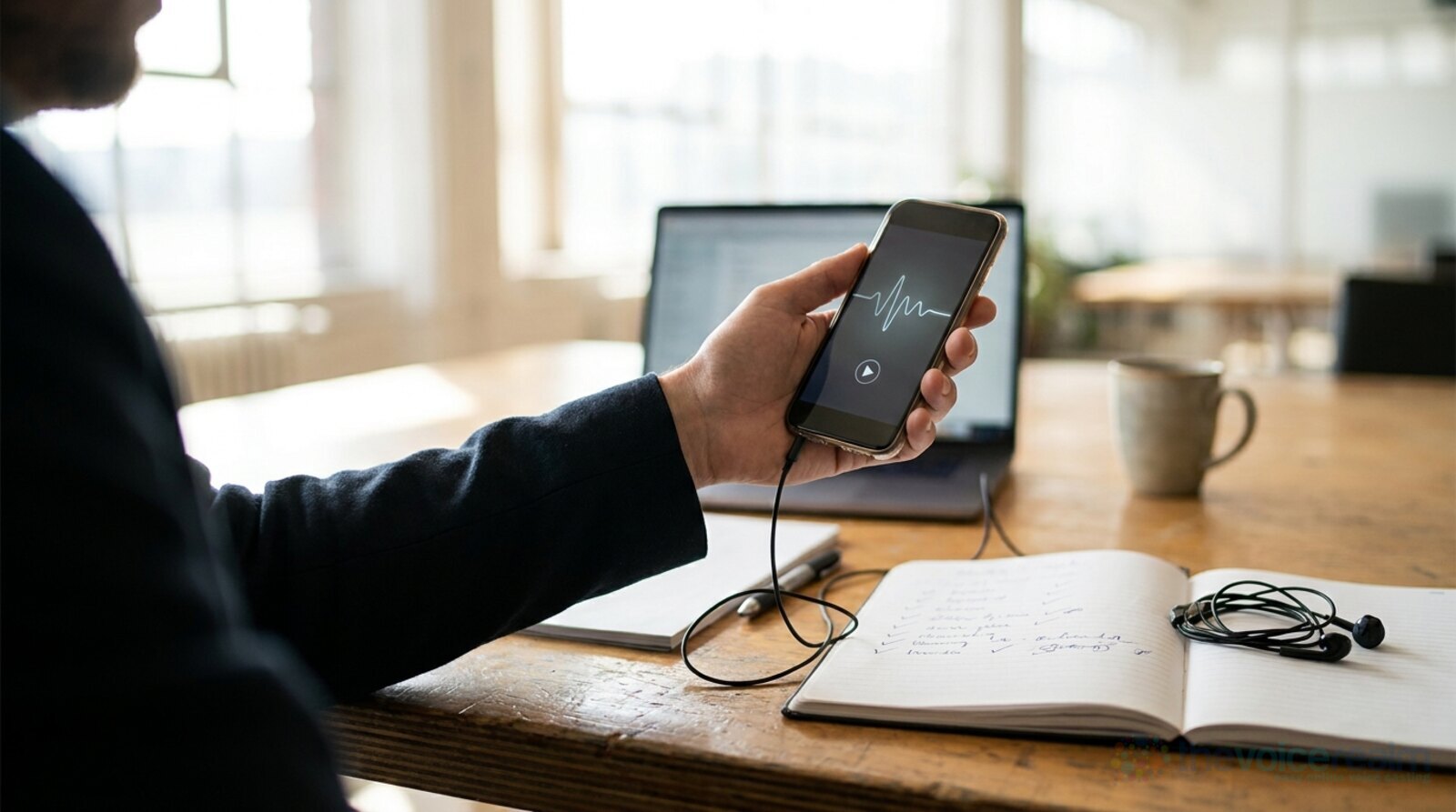 A person listening to short audio clips on a phone with wired earbuds, a ticked notebook on the desk © The Voice Realm