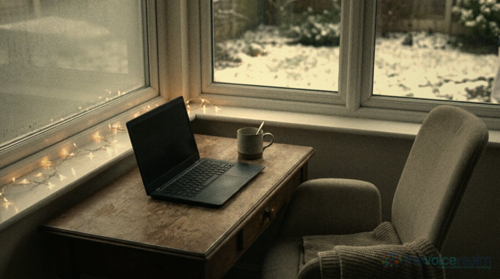 A quiet home office desk by a winter window with a closed laptop, a mug and fairy lights on the sill © The Voice Realm