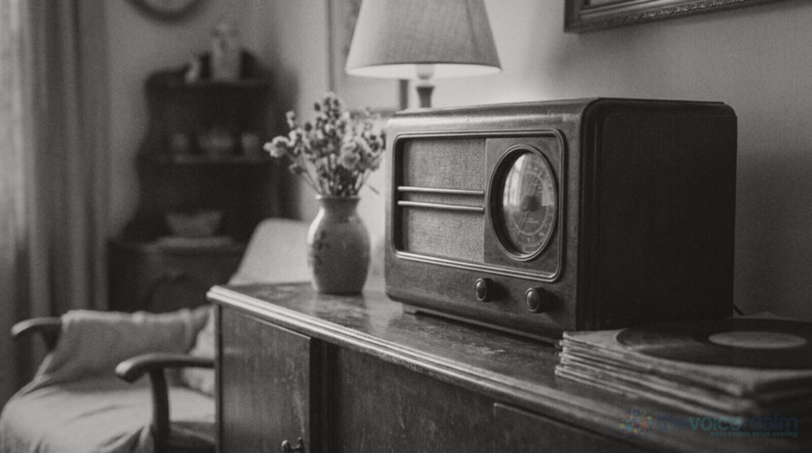 A vintage wooden valve radio on a sideboard in a lamp lit living room © The Voice Realm
