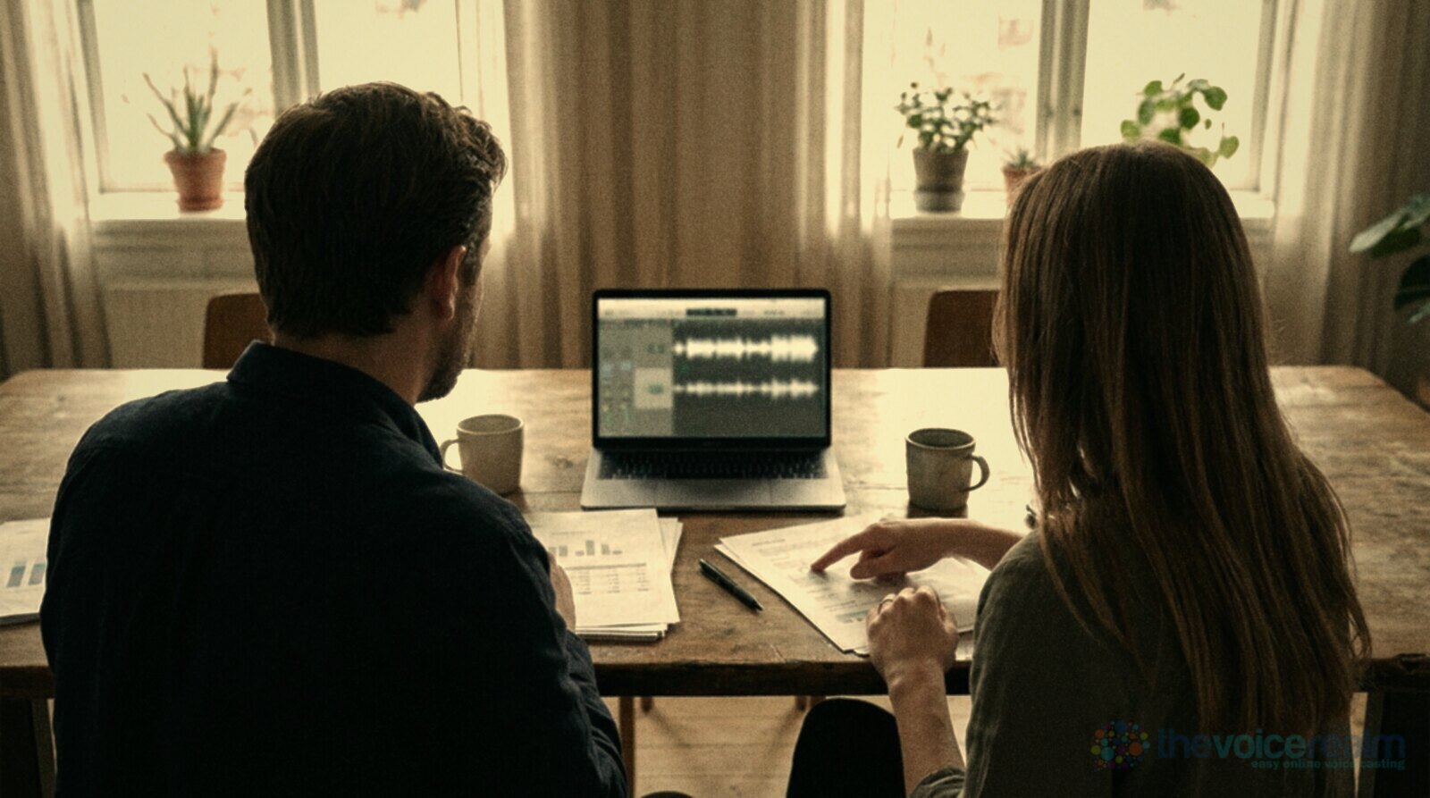Two colleagues at a table reviewing a budget together, printed figures beside a laptop showing an audio waveform © The Voice Realm