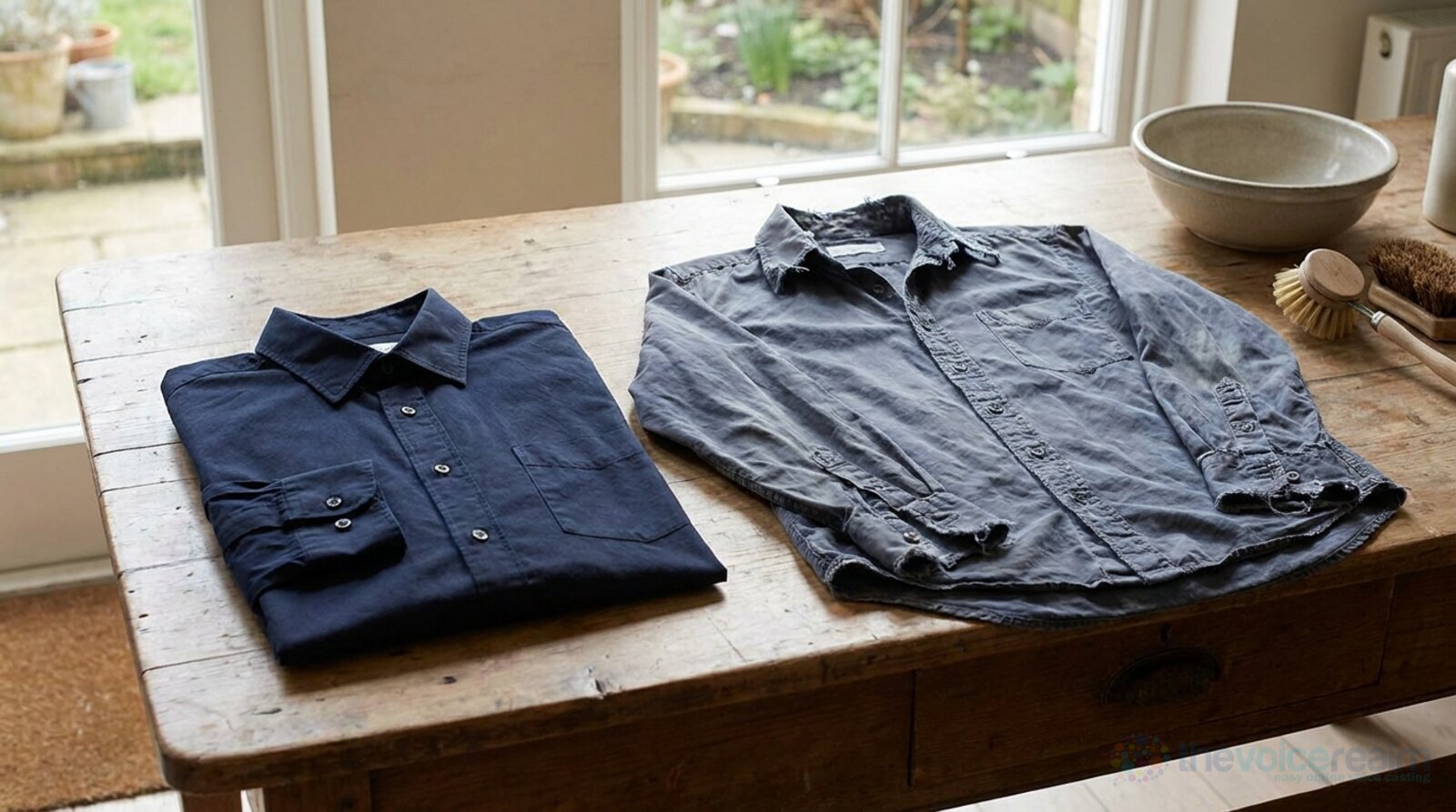 A crisp new navy shirt folded beside a faded, worn out shirt on a wooden laundry table © The Voice Realm