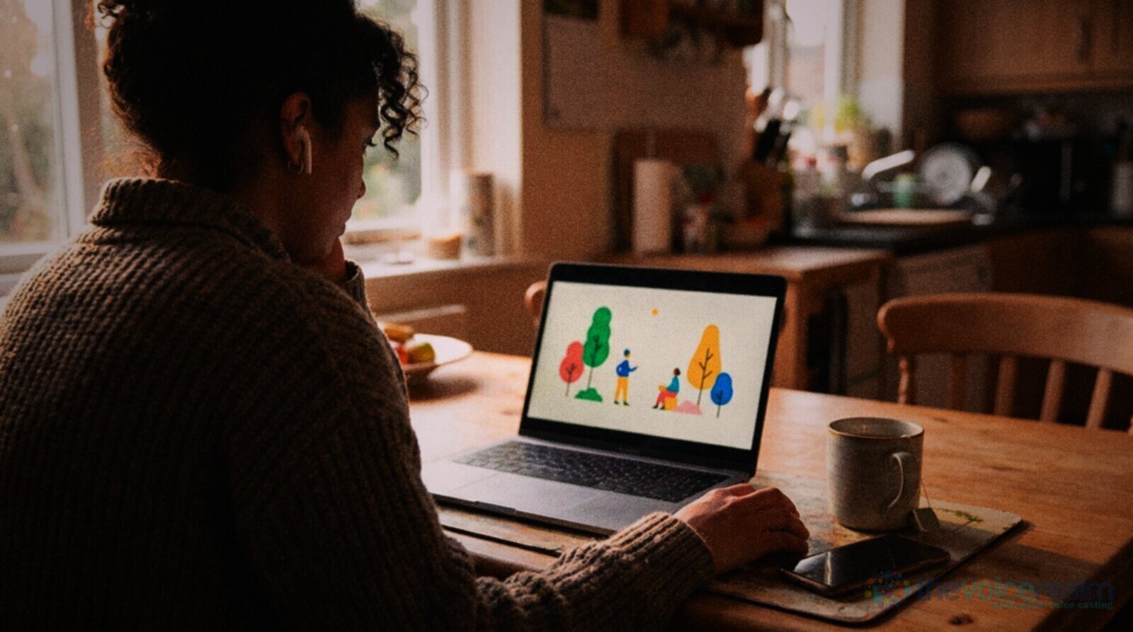 A woman at a kitchen table watching an animated explainer video on a laptop with earbuds in © The Voice Realm