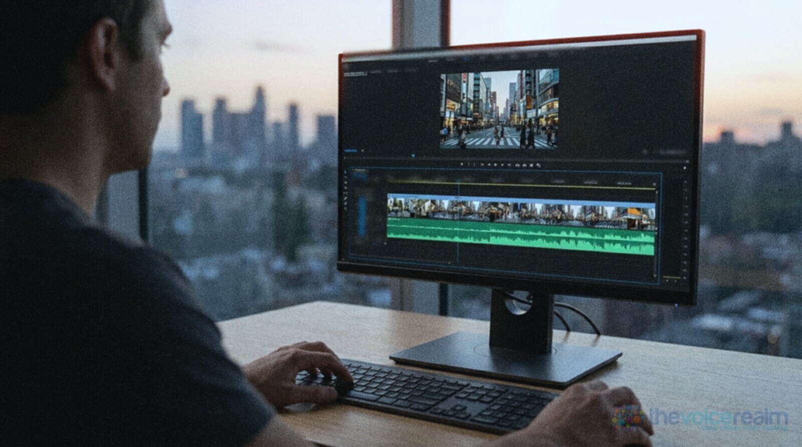 A video editor lining up a voice over waveform with city footage on a large monitor at dusk © The Voice Realm