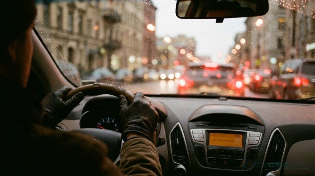 A driver's gloved hands on the steering wheel in slow evening city traffic, the dashboard radio glowing and red tail lights blurred through a rain-flecked windscreen © The Voice Realm