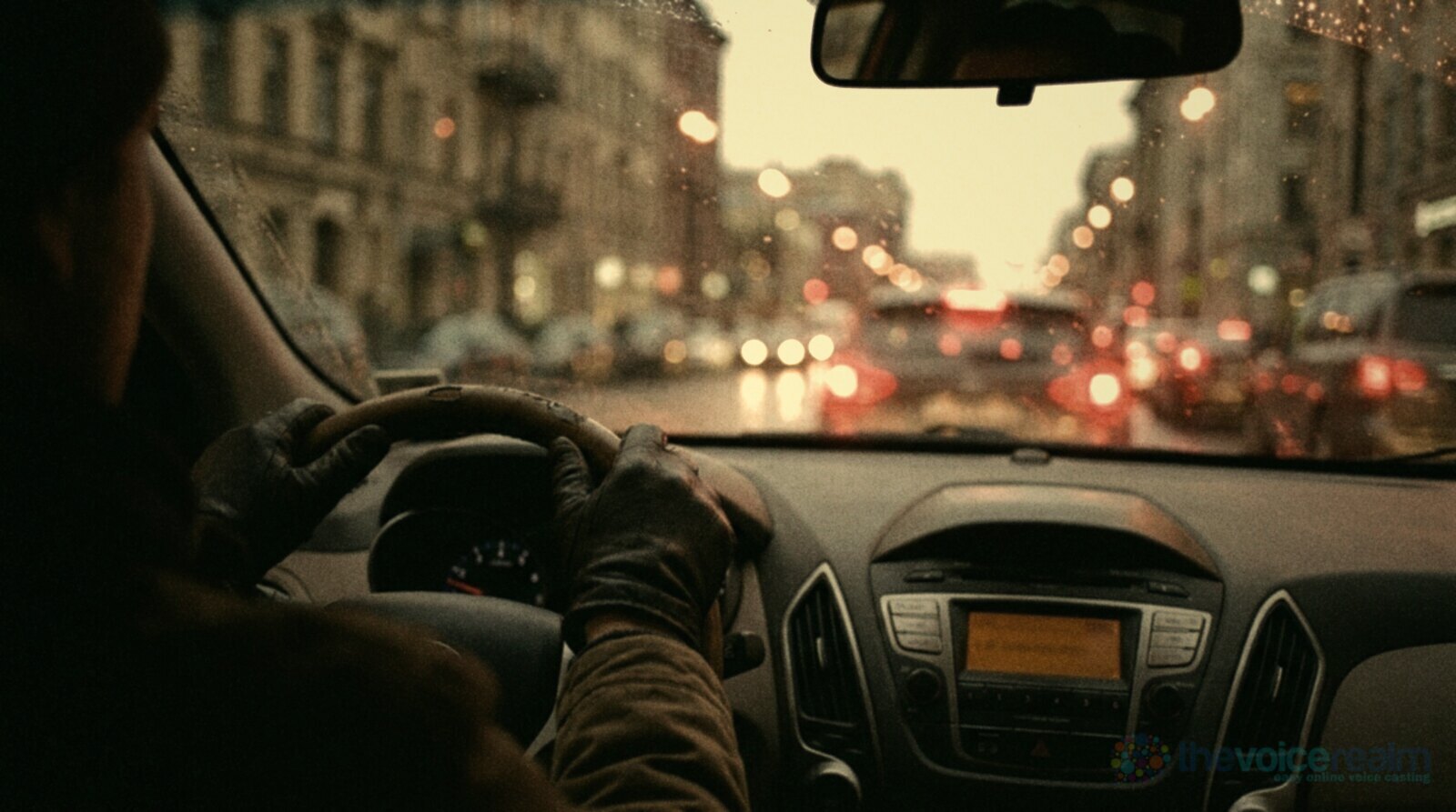 A driver's gloved hands on the steering wheel in slow evening city traffic, the dashboard radio glowing and red tail lights blurred through a rain-flecked windscreen © The Voice Realm