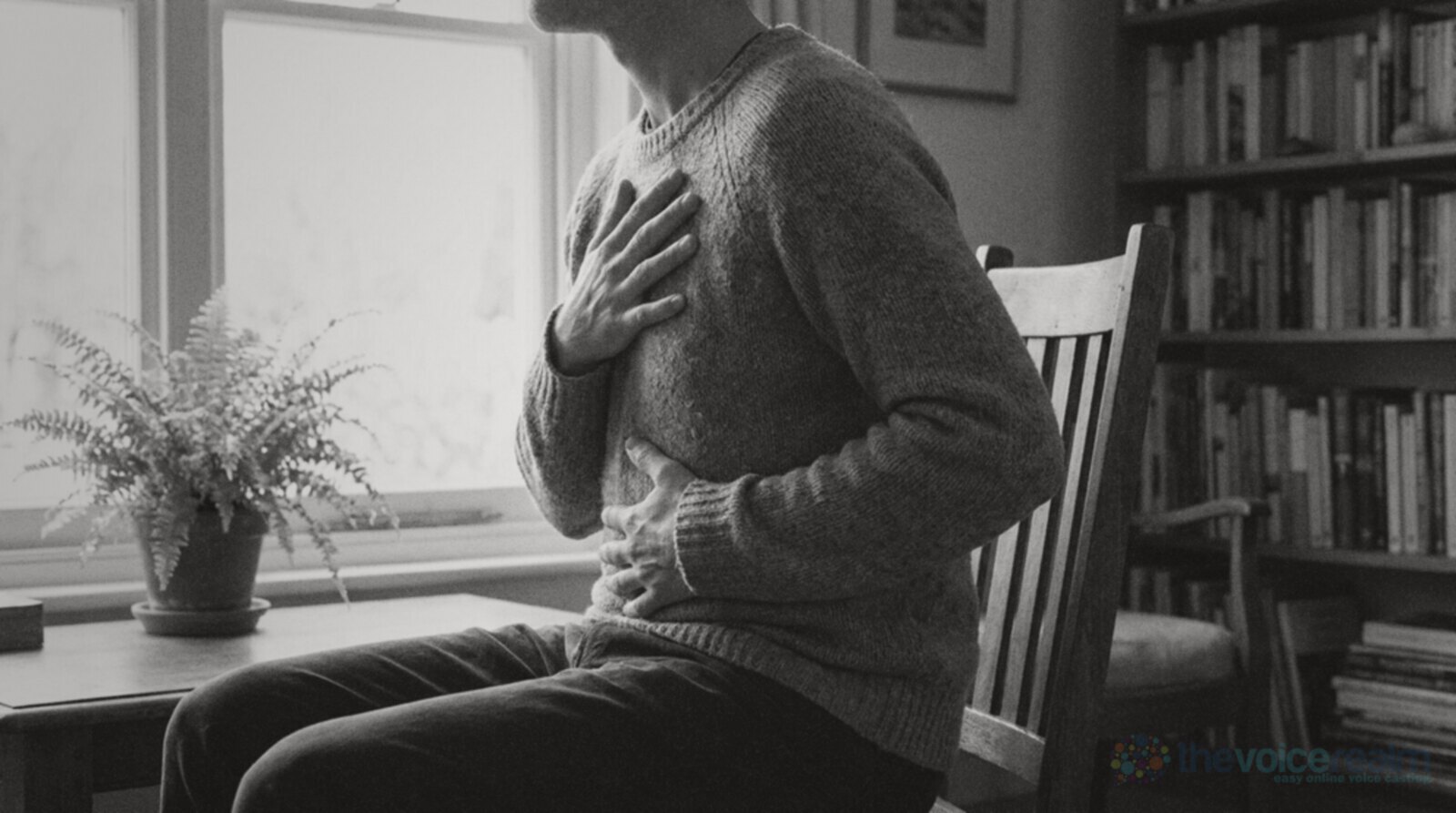 A person sitting upright on a wooden chair by a bright window, face out of frame, one hand resting on the chest and the other on the belly, a fern and a bookcase behind © The Voice Realm