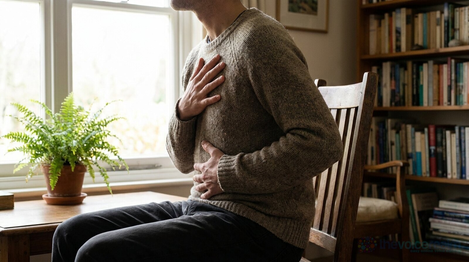 A person sitting upright on a wooden chair by a bright window, face out of frame, one hand resting on the chest and the other on the belly, a fern and a bookcase behind © The Voice Realm