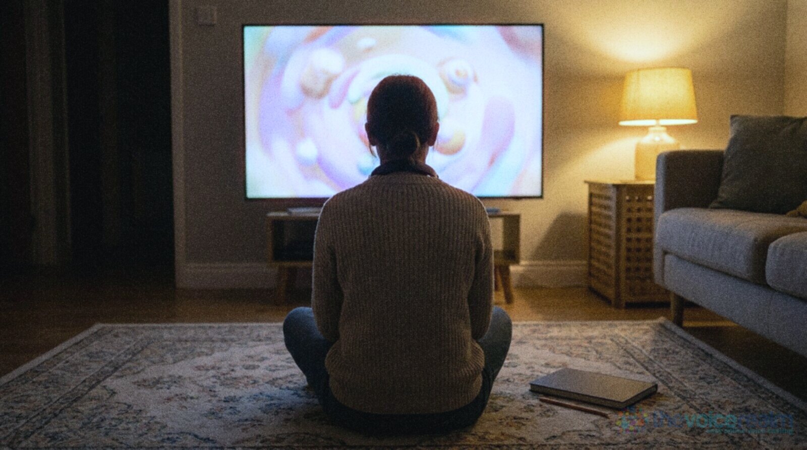 A person seen from behind sitting cross-legged on a patterned rug in a lamp-lit living room, headphones around the neck, watching a large television showing soft colourful animated shapes, a notebook and pencil on the rug beside them © The Voice Realm