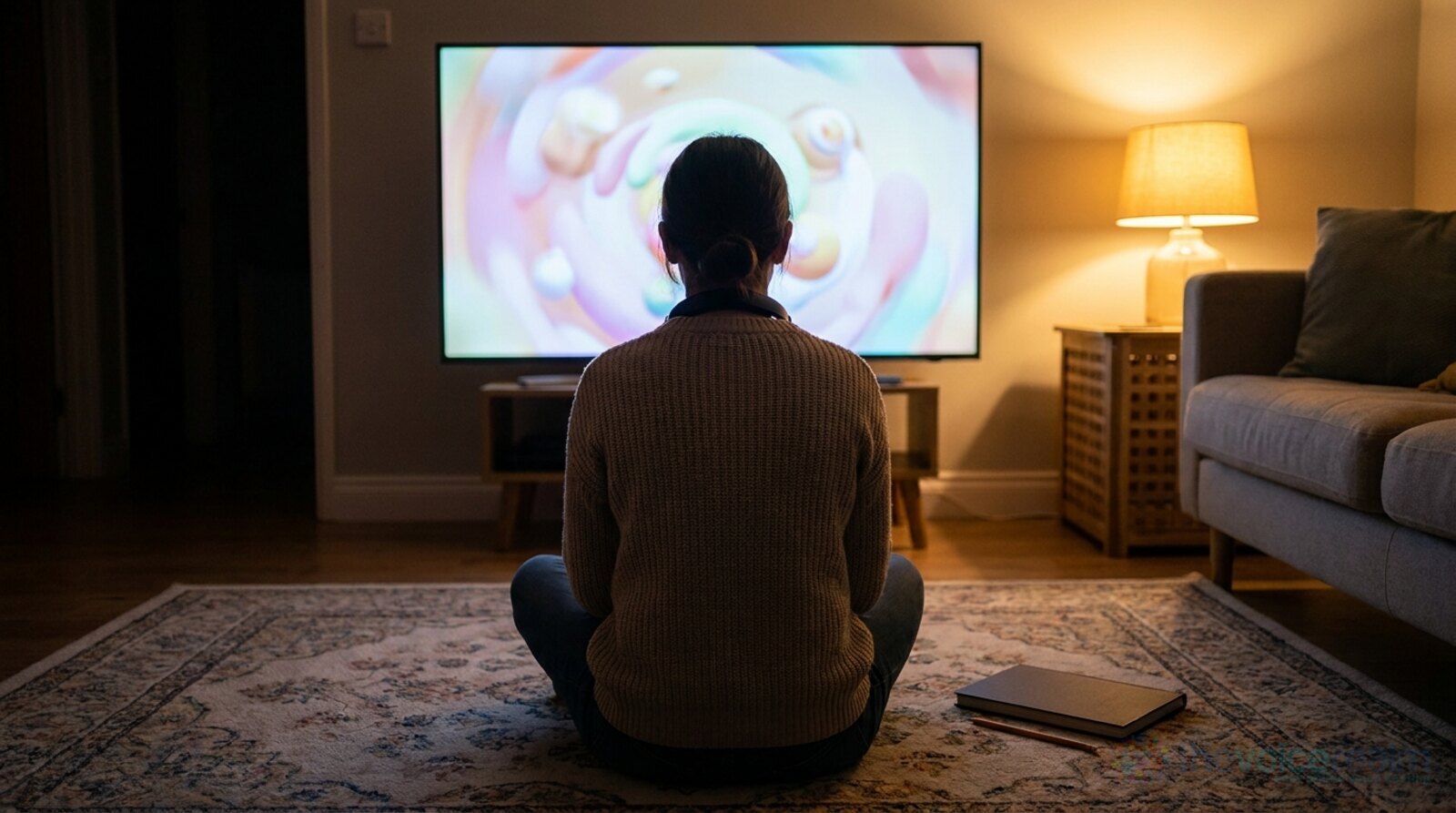 A person seen from behind sitting cross-legged on a patterned rug in a lamp-lit living room, headphones around the neck, watching a large television showing soft colourful animated shapes, a notebook and pencil on the rug beside them © The Voice Realm