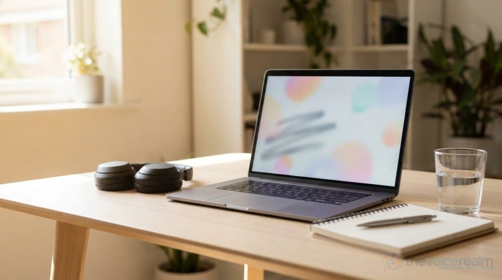 A home office desk in daylight with an open laptop showing an abstract training slide, over-ear headphones, a notebook and pen and a glass of water © The Voice Realm