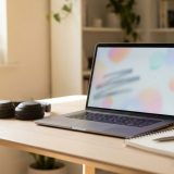 A home office desk in daylight with an open laptop showing an abstract training slide, over-ear headphones, a notebook and pen and a glass of water © The Voice Realm