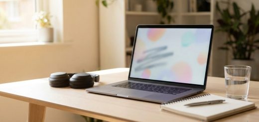 A home office desk in daylight with an open laptop showing an abstract training slide, over-ear headphones, a notebook and pen and a glass of water © The Voice Realm
