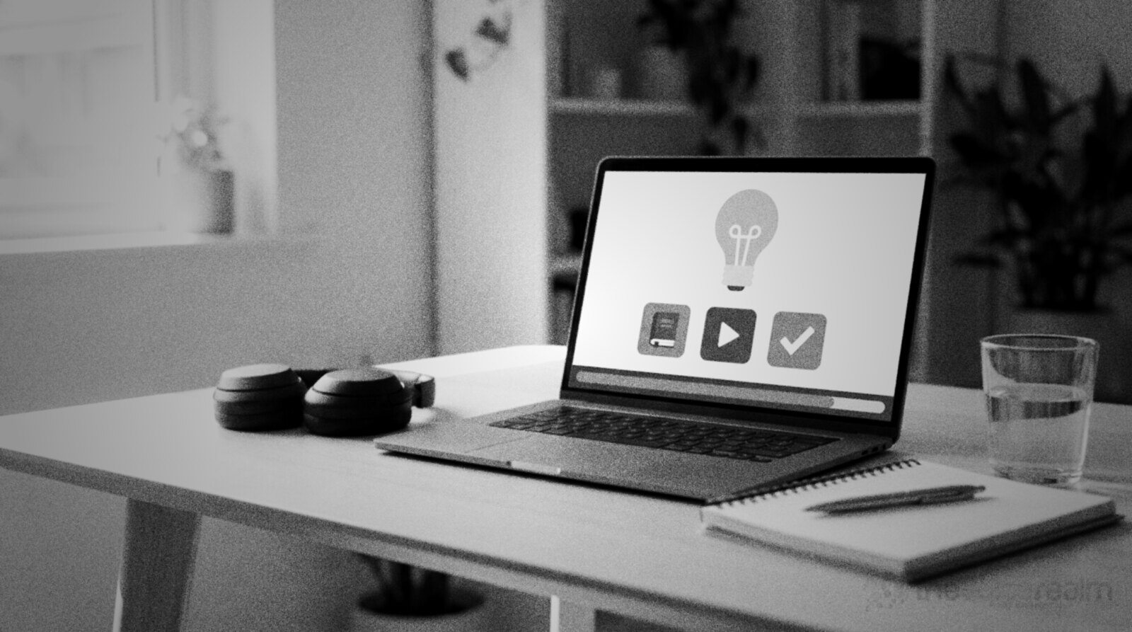 A home office desk in daylight with an open laptop showing an abstract training slide, over-ear headphones, a notebook and pen and a glass of water © The Voice Realm