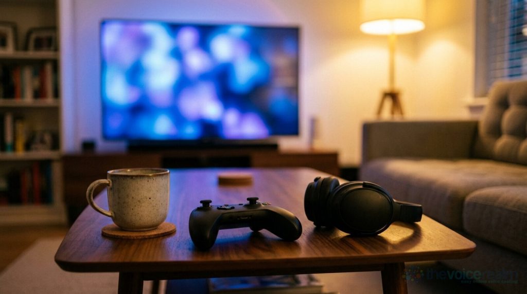 A game controller and closed over-ear headphones on a walnut coffee table in a living room at night, a television glowing out of focus behind them © The Voice Realm