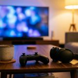 A game controller and closed over-ear headphones on a walnut coffee table in a living room at night, a television glowing out of focus behind them © The Voice Realm