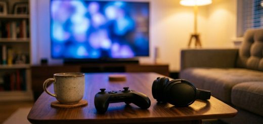 A game controller and closed over-ear headphones on a walnut coffee table in a living room at night, a television glowing out of focus behind them © The Voice Realm