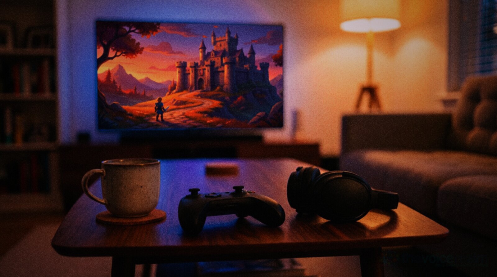 A game controller and closed over-ear headphones on a walnut coffee table in a living room at night, a television showing a fantasy castle game behind them © The Voice Realm