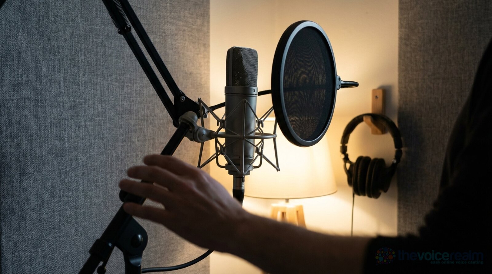 A studio condenser microphone in a shock mount on a boom arm with a round pop filter beside it, grey fabric panels, a warm lamp and headphones hanging on a hook © The Voice Realm