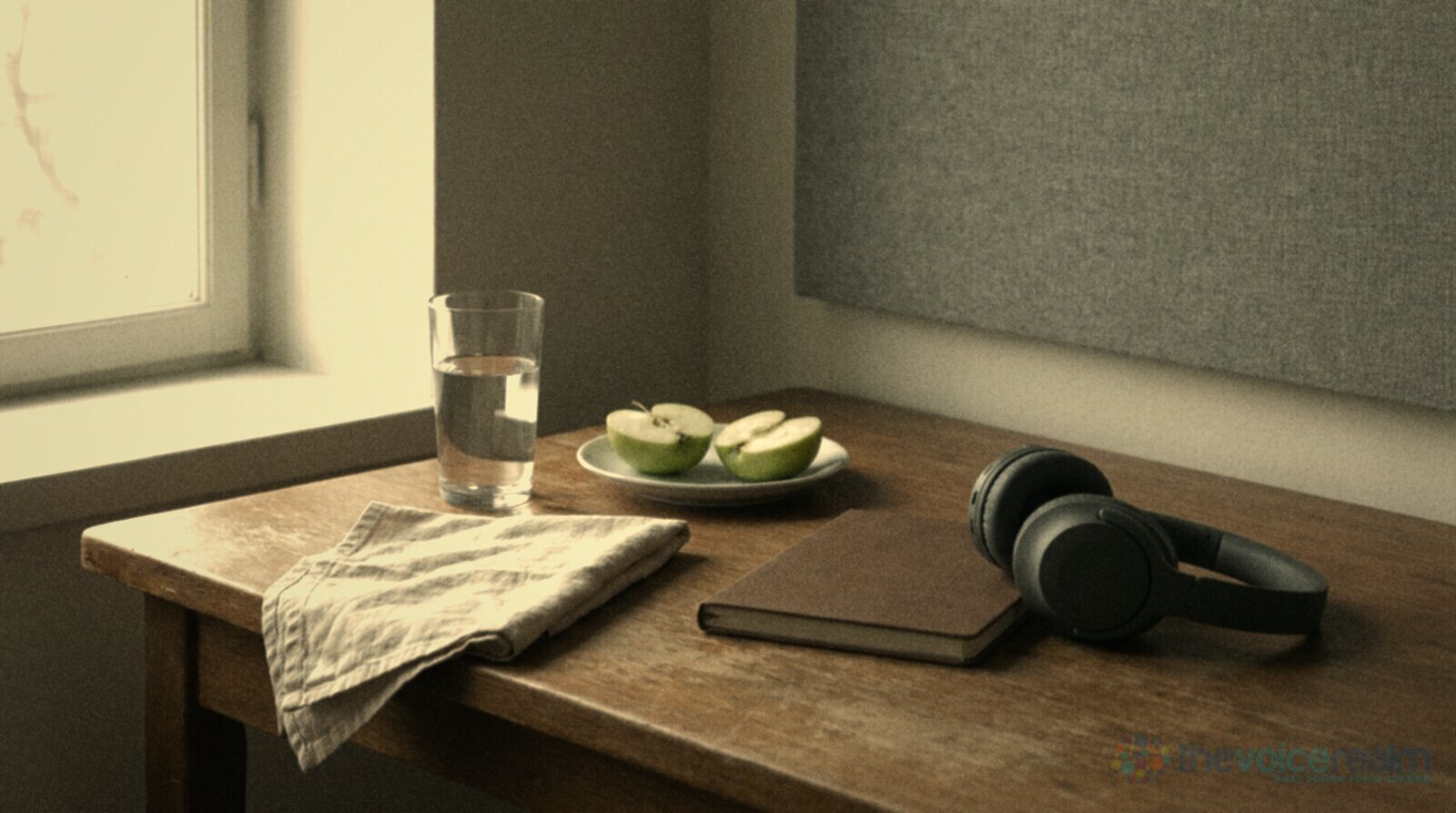 A tall glass of water and a halved green apple on a white plate on a wooden desk by a window, a folded linen cloth, a brown notebook and dark headphones, a grey fabric panel on the wall behind © The Voice Realm