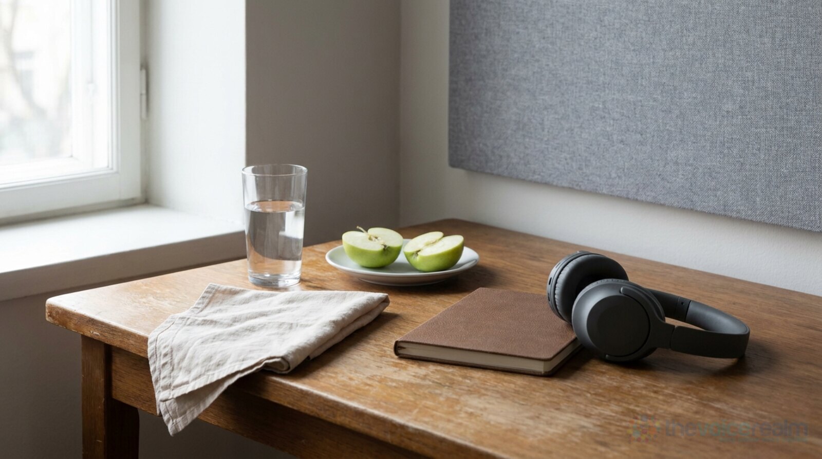 A tall glass of water and a halved green apple on a white plate on a wooden desk by a window, a folded linen cloth, a brown notebook and dark headphones, a grey fabric panel on the wall behind © The Voice Realm