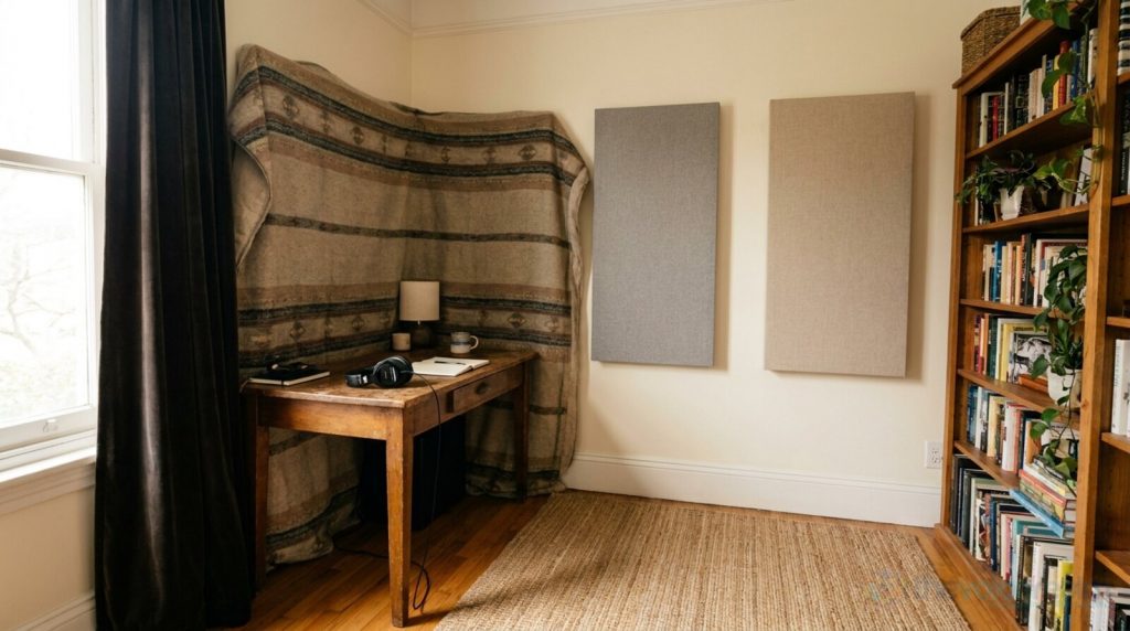 A spare bedroom corner set up for recording, a heavy woven blanket hung around a wooden desk with headphones on it, fabric acoustic panels on the wall and a full bookcase beside a jute rug © The Voice Realm