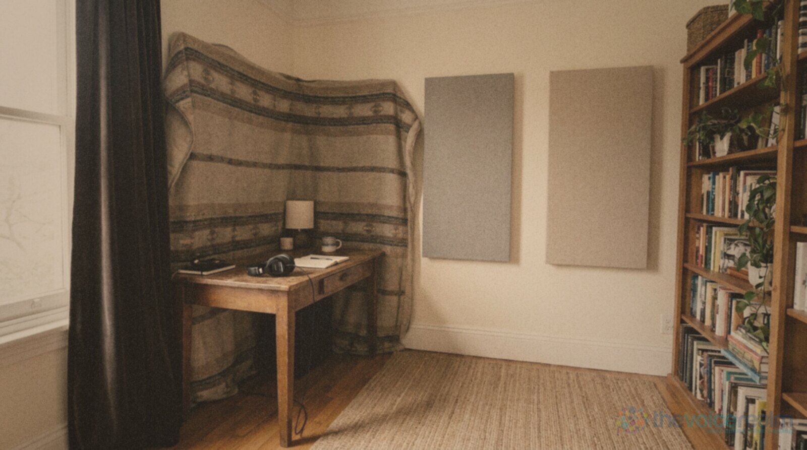 A spare bedroom corner set up for recording, a heavy woven blanket hung around a wooden desk with headphones on it, fabric acoustic panels on the wall and a full bookcase beside a jute rug © The Voice Realm