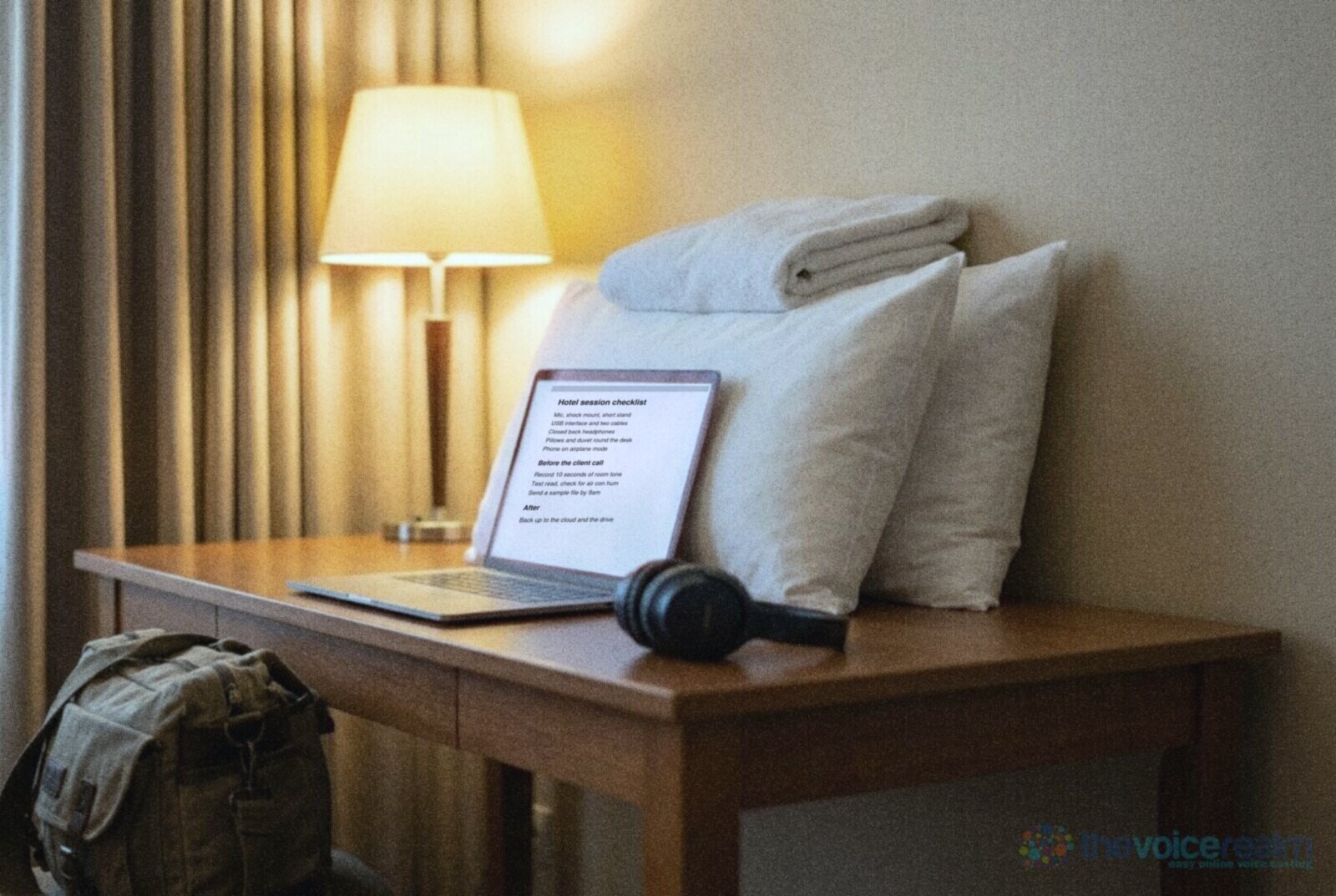 A hotel room desk with two pillows propped against the wall behind an open laptop, a folded towel on top and headphones beside it © The Voice Realm