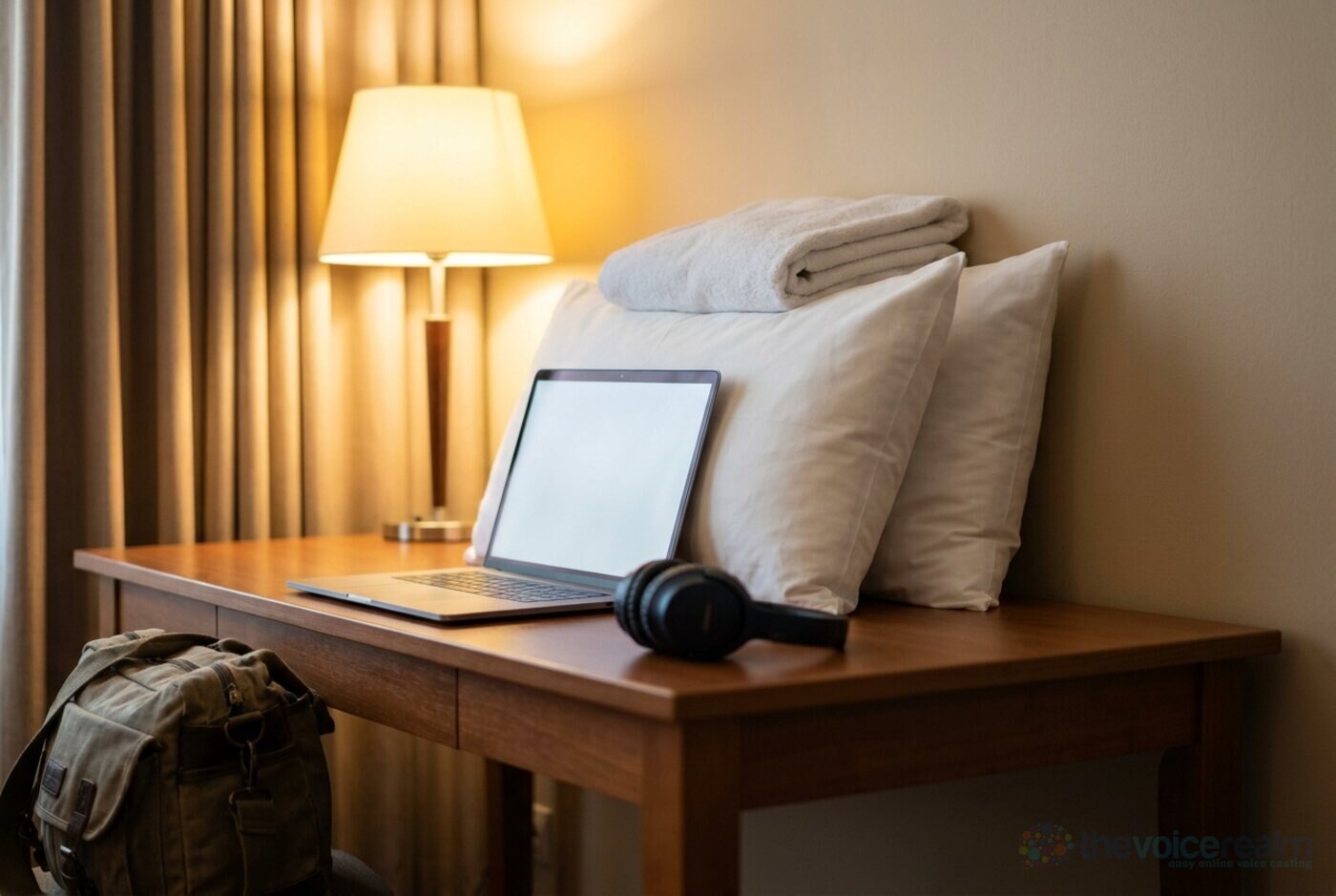 A hotel room desk with two pillows propped against the wall behind an open laptop, a folded towel on top and headphones beside it © The Voice Realm