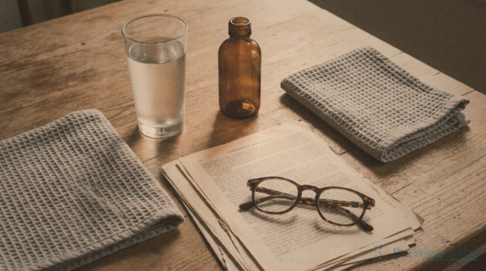 A glass of water, a plain amber bottle, a folded towel and reading glasses resting on a stack of printed pages on a wooden table in afternoon light © The Voice Realm