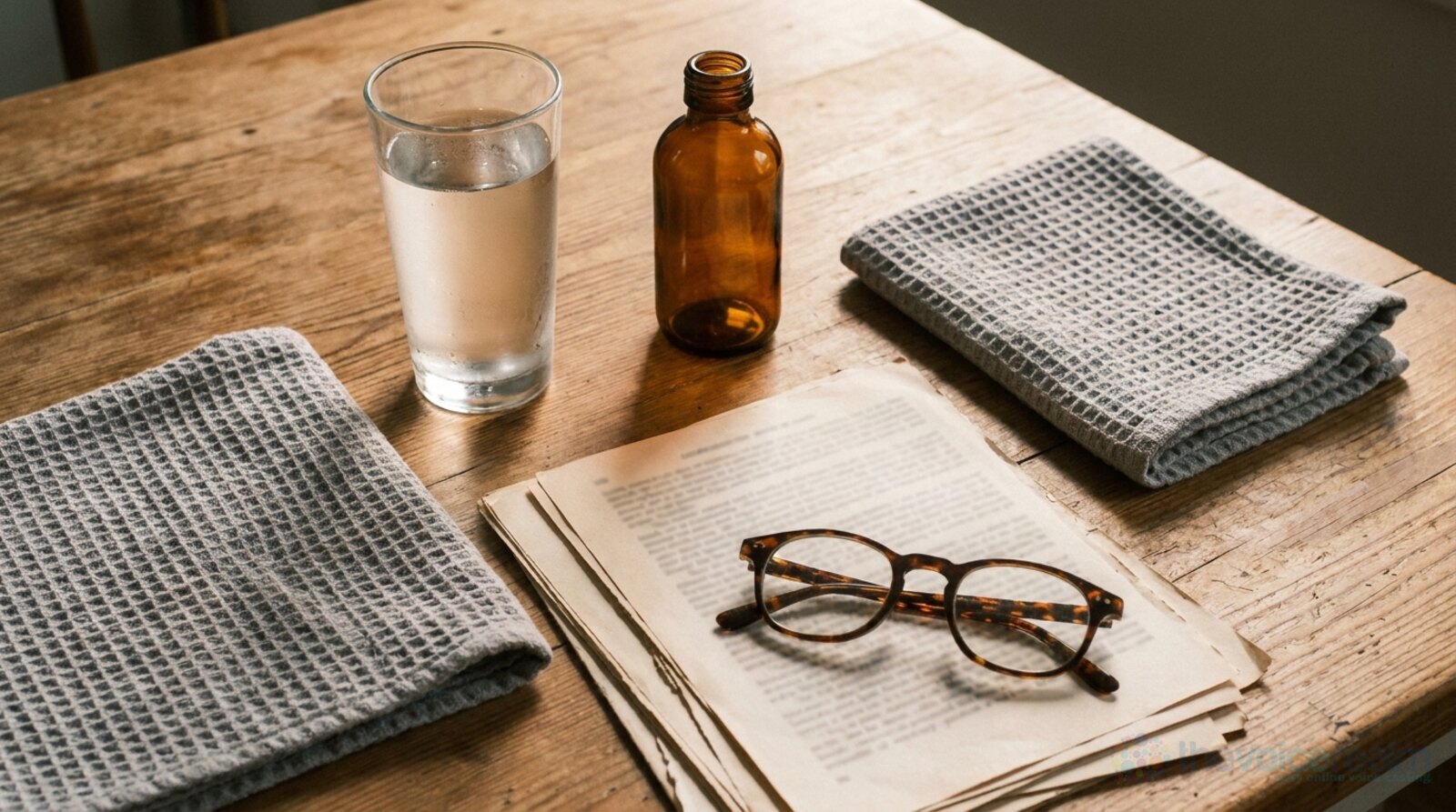A glass of water, a plain amber bottle, a folded towel and reading glasses resting on a stack of printed pages on a wooden table in afternoon light © The Voice Realm