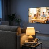 A living room at evening seen from behind a sofa, a wall television showing a family breakfast commercial © The Voice Realm
