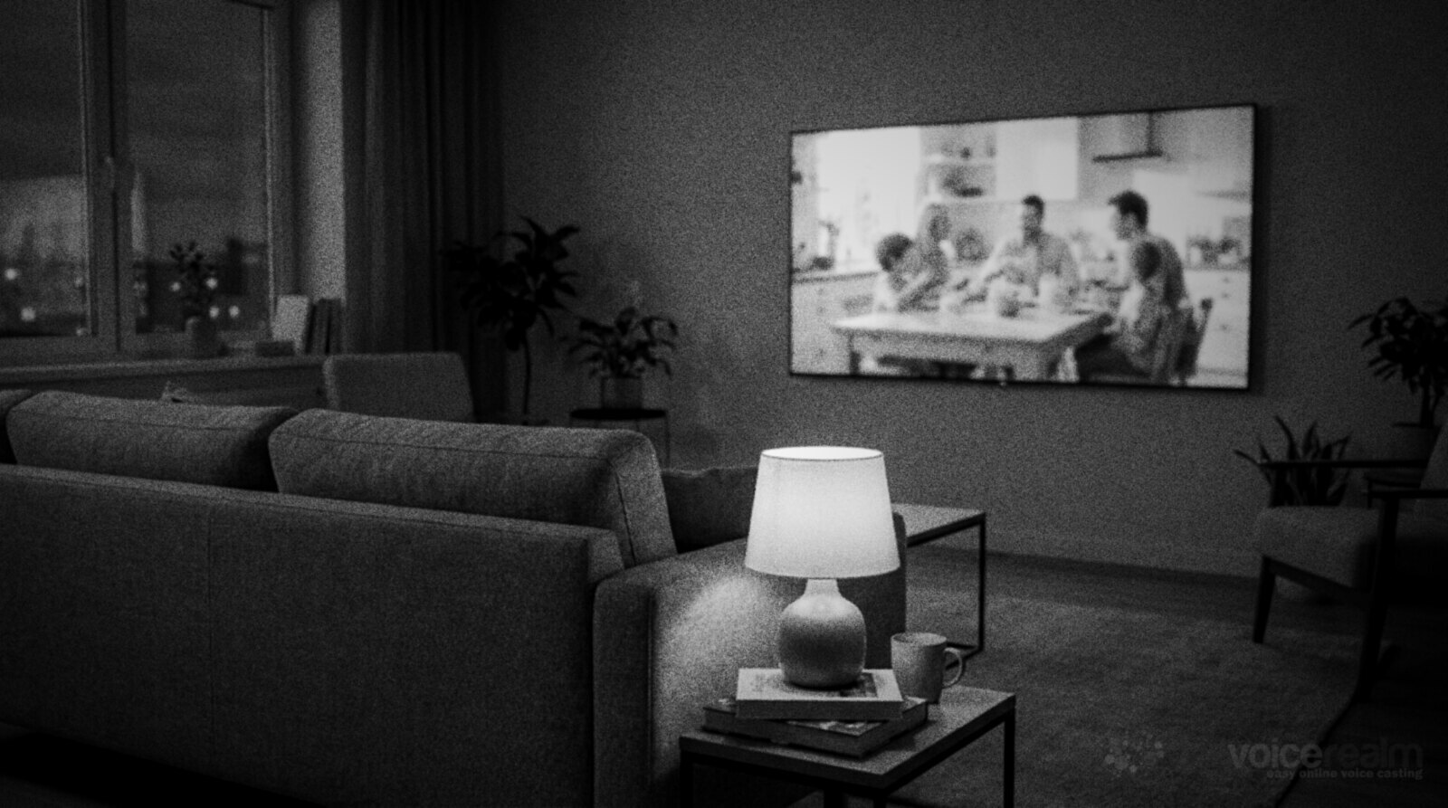 A living room at evening seen from behind a sofa, a wall television showing a family breakfast commercial © The Voice Realm
