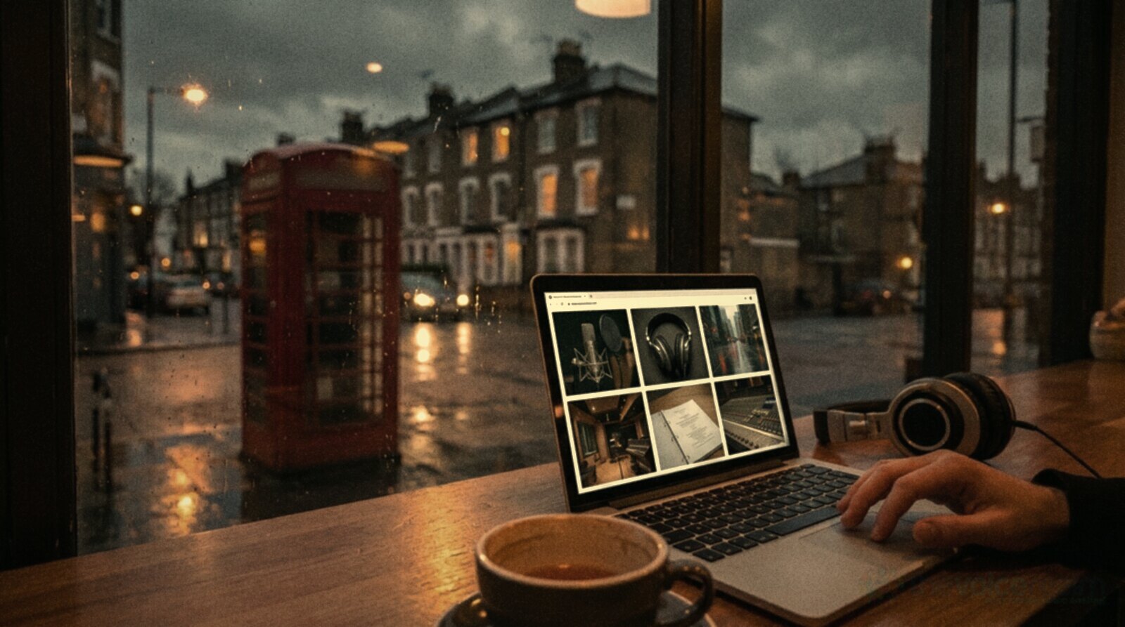 A cafe window table in London on a rainy evening with a laptop, studio headphones and a cup of tea, a red telephone box on the street outside © The Voice Realm