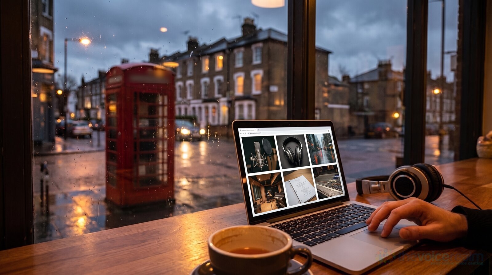 A cafe window table in London on a rainy evening with a laptop, studio headphones and a cup of tea, a red telephone box on the street outside © The Voice Realm