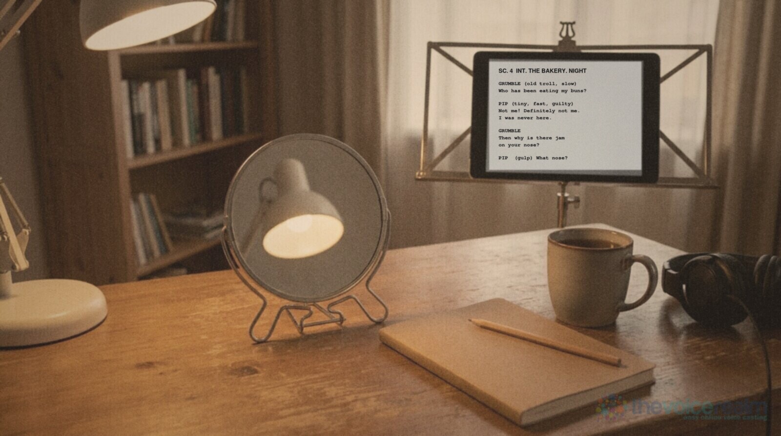 A small round mirror on a wire stand on a wooden desk reflecting a desk lamp, a notebook with a pencil, a mug of tea and headphones, and a tablet on a music stand by the window © The Voice Realm