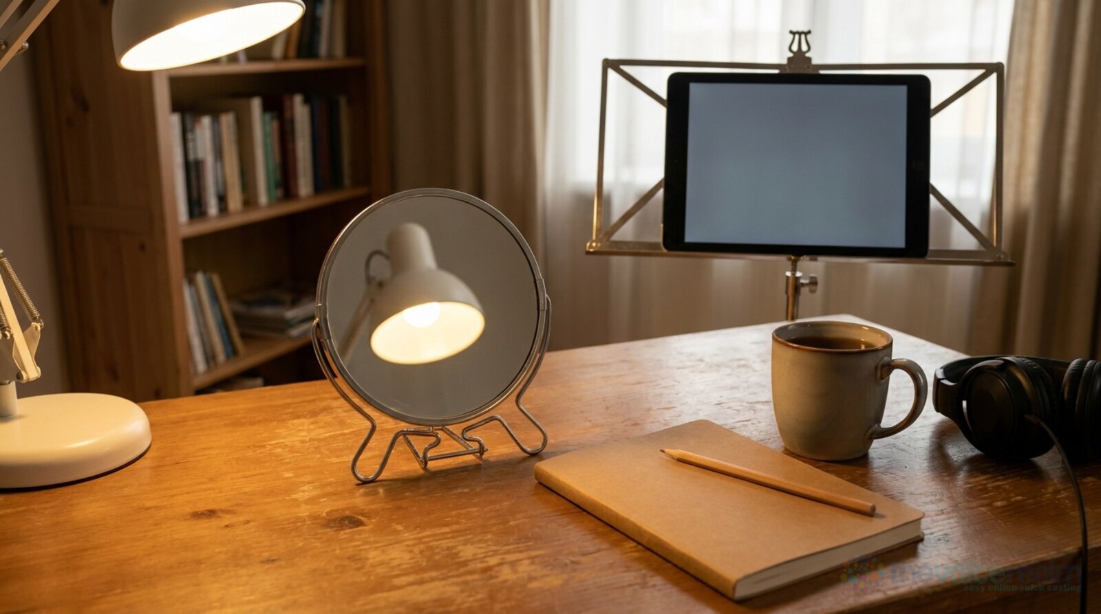 A small round mirror on a wire stand on a wooden desk reflecting a desk lamp, a notebook with a pencil, a mug of tea and headphones, and a tablet on a music stand by the window © The Voice Realm