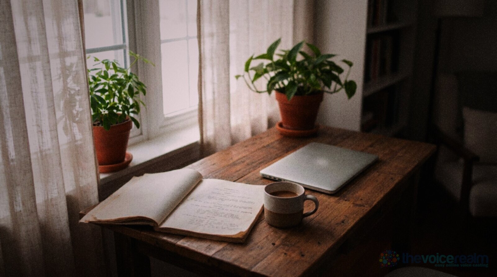 A wooden desk by a sunny window with an open script notebook, a cup of coffee, a closed laptop and potted plants © The Voice Realm