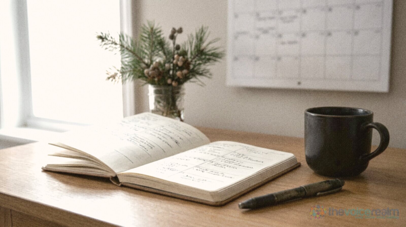 An open planner with handwritten goals on a desk in soft winter light, a wall calendar, a black mug, a pen and a sprig of pine © The Voice Realm