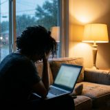 A person on a sofa at dusk with head in hand, looking at a laptop, rain on the window beside a lamp © The Voice Realm