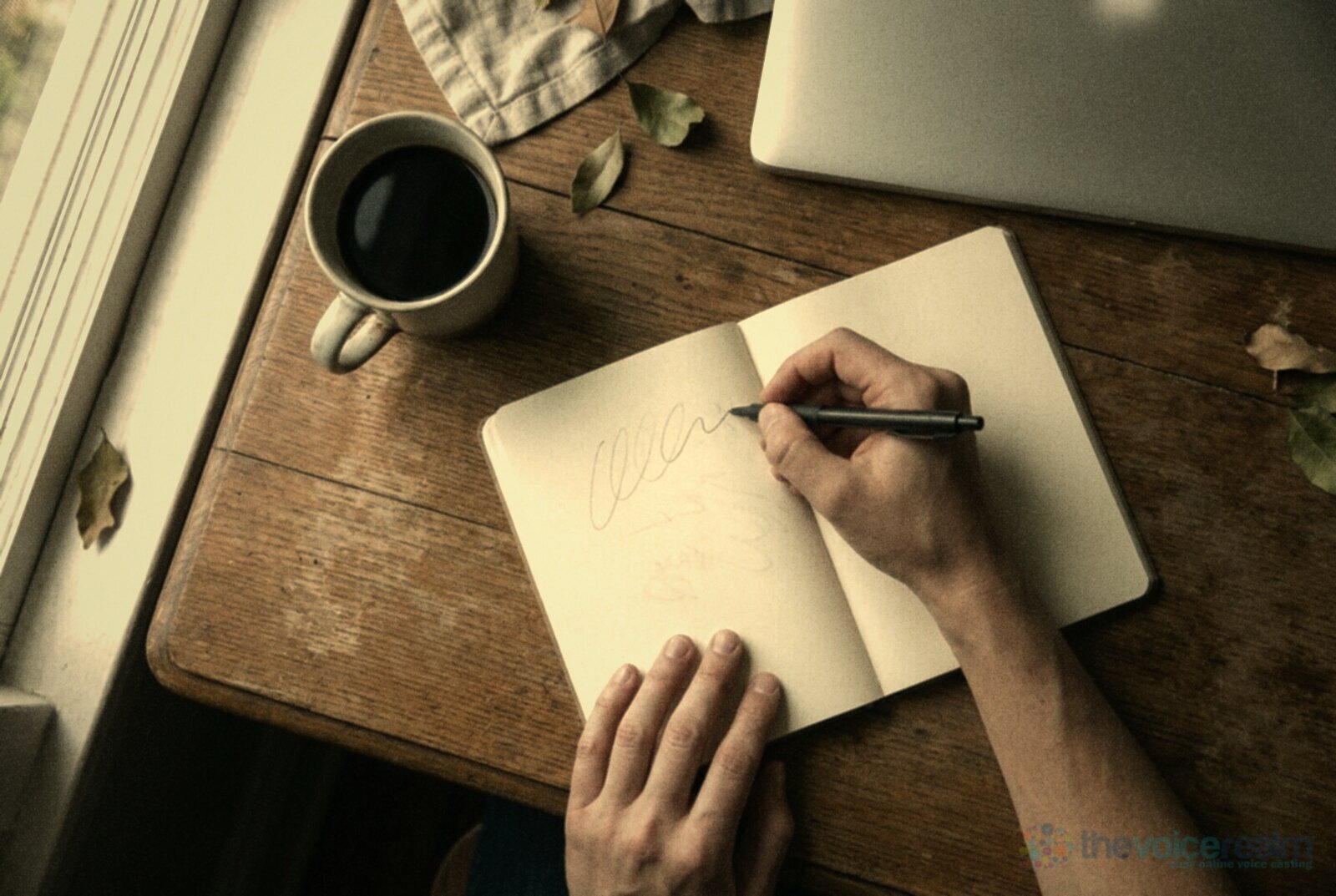 Overhead view of a hand writing in an open notebook on a wooden desk beside a coffee and a laptop © The Voice Realm