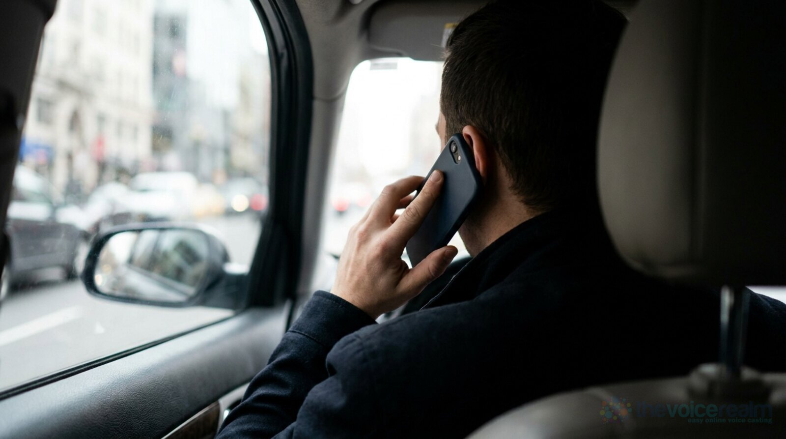 A man in a parked car holding a phone to his ear, waiting on hold, seen from behind © The Voice Realm