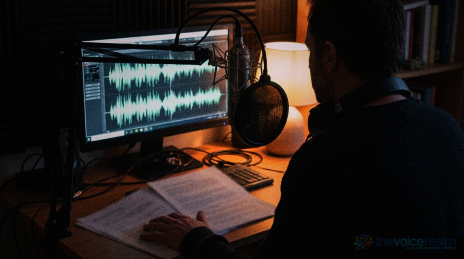 A voice actor at a home recording desk replaying an audition take, hand resting on the script, microphone and waveform on screen © The Voice Realm