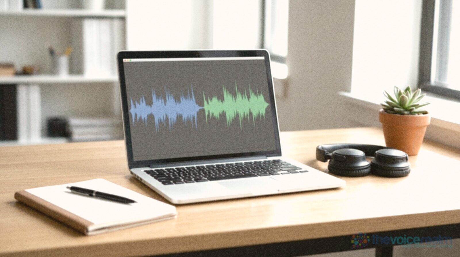 A laptop showing two audio waveforms on a tidy desk with headphones, a notebook and a small plant © The Voice Realm