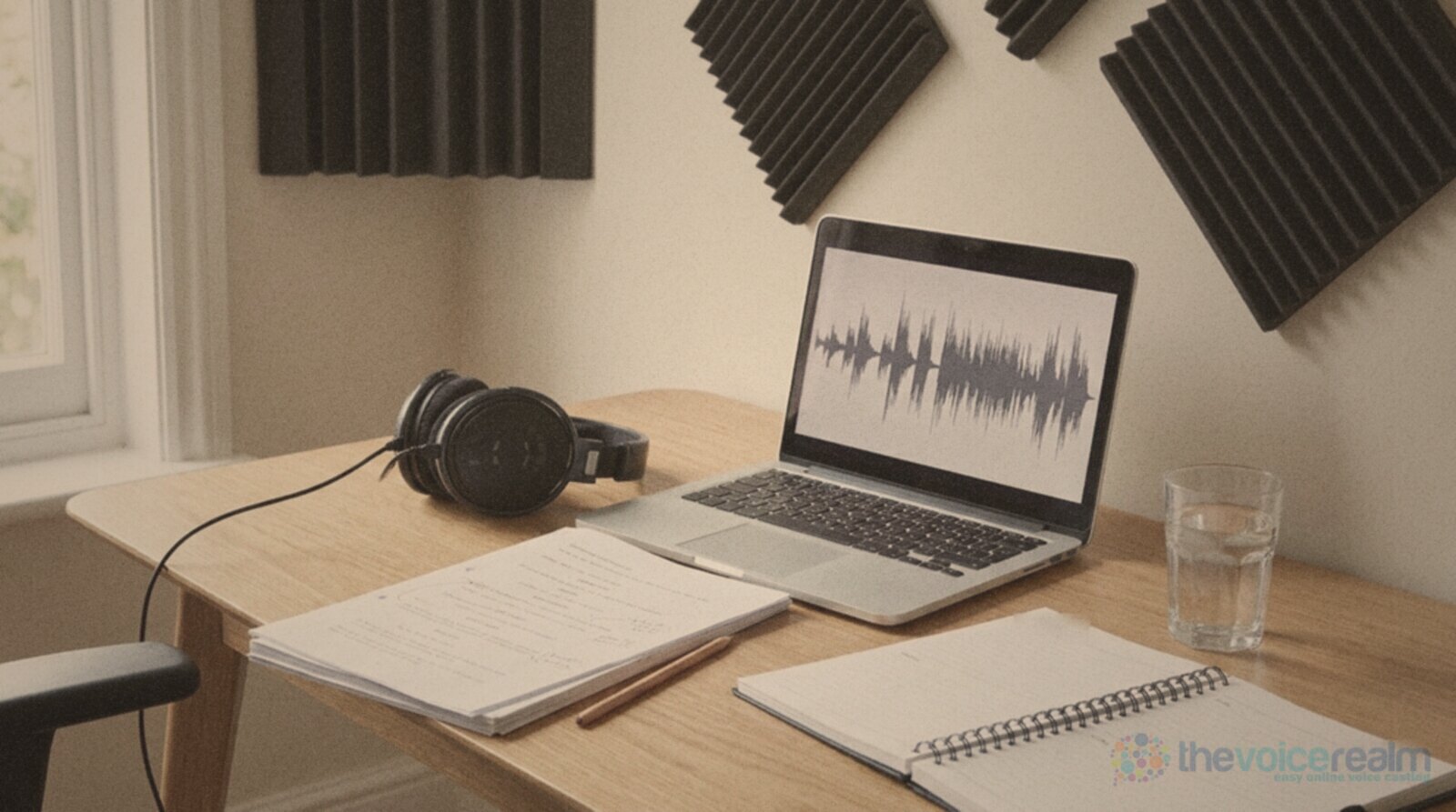 A tidy home workspace with a laptop showing an audio waveform, studio headphones, a marked-up script, a diary and a glass of water, acoustic foam on the wall © The Voice Realm