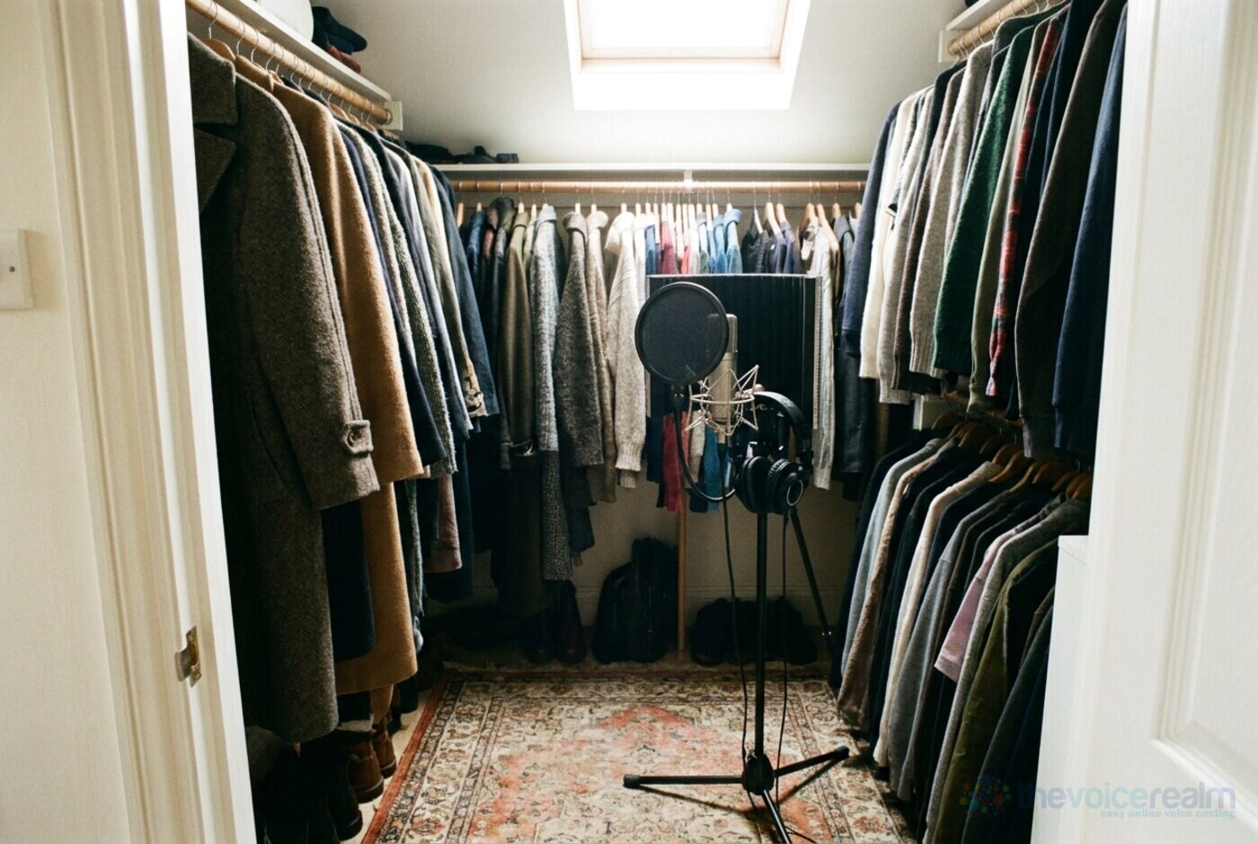 A walk-in wardrobe with coats and jumpers hanging densely on three sides and a studio microphone on a stand with a pop filter just inside the door © The Voice Realm
