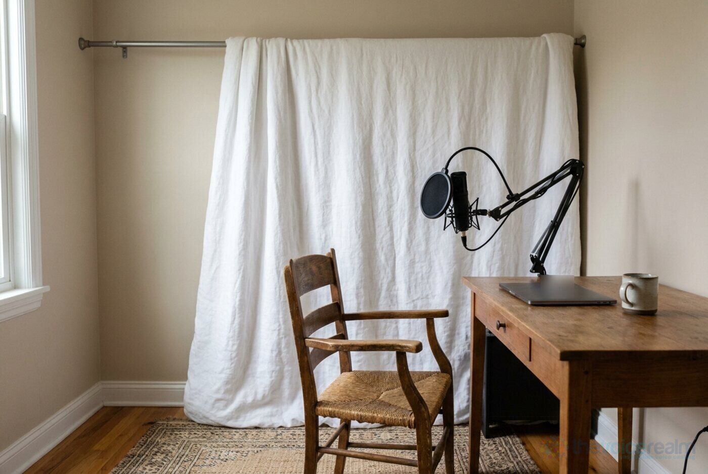 A thick white duvet hung from a curtain rail a little way off a bedroom wall, behind a wooden chair, with a microphone on a desk arm in front © The Voice Realm