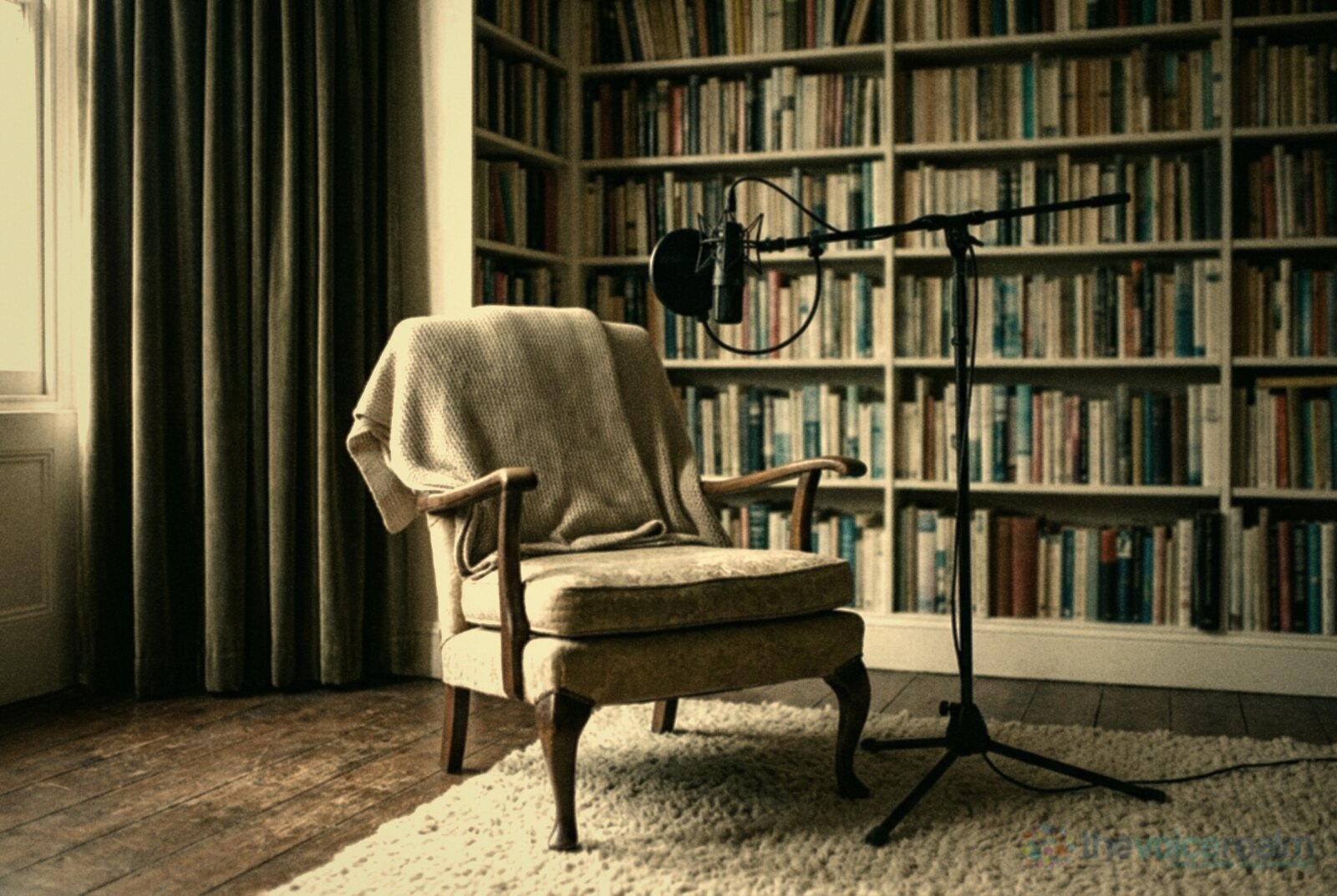An armchair in front of a floor to ceiling bookcase packed with books, heavy velvet curtains, a thick rug and a microphone on a floor stand © The Voice Realm